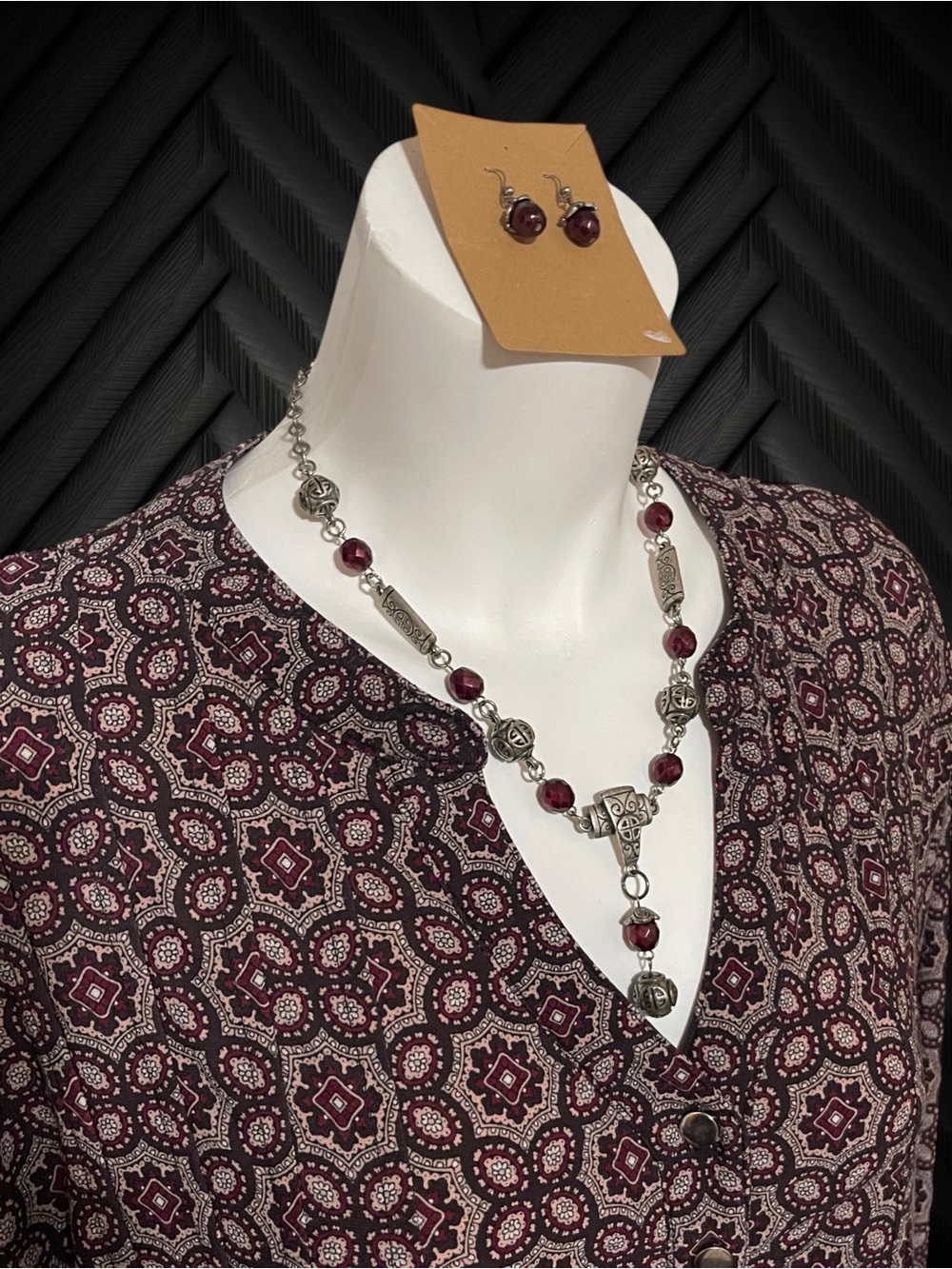 Chico's Silver-Tone Necklace & Earrings Set with Burgundy Beads